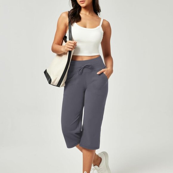 Dark Gray Loose Fit Wide Leg Capri Pants for Women with Pockets, Yoga & Casual W - Picture 6 of 6